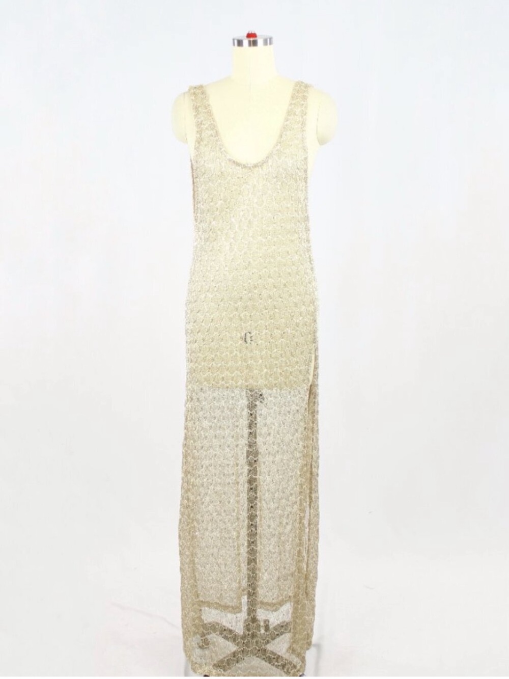 ASOS SWIM Gold Metallic Sequin Embellished Open Knit U-Neck Maxi Dress, Size 10